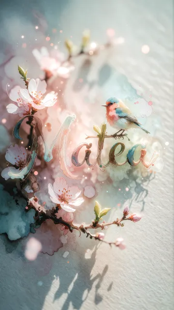 Matea diseño 11 - Un delicado diseño de estilo acuarela digital que combina una tipografía de caligrafía personalizada para el nombre en tonos dorados y rosados suaves, adornada con pequeñas hojas y brotes. Un pajarito azul y naranja vibrante está posado en una de las letras. Todo está rodeado por un marco circular de ramas de cerezo en flor con delicadas flores rosadas y blancas. El fondo es un lavado de acuarela difuminado en tonos pastel suaves de azul cerceta, rosa rubor y melocotón sobre una textura de papel rugoso, con destellos luminosos y motas de luz bokeh flotando alrededor, creando una atmósfera mágica y soñadora. Las sombras suaves proyectadas añaden profundidad.