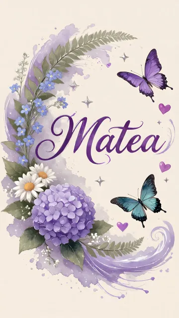 Matea diseño 2 - Diseño elegante de hortensias en tonos lila y morados suaves, con volutas estilizadas y una mariposa mística que aporta un toque etéreo y mágico.