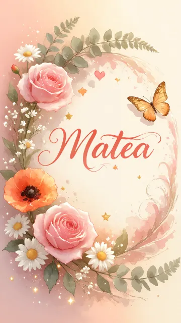 Matea diseño 3 - Elegante composición de rosas rosadas y amapolas naranjas con mariposas doradas brillantes sobre un fondo cálido, romántico y mágico.