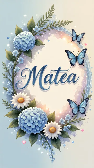 Matea diseño 4 - Composición magica con nombre en letra cursiva azul, rodeado de hortensias azules, margaritas blancas y delicadas flores silvestres, enmarcado por suaves remolinos de agua, mariposas azules y destellos estelares sobre un fondo etéreo y romántico.