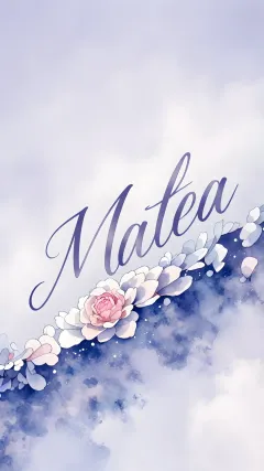 Matea - Nombre en elegante tipografía cursiva caligráfica en tono lavanda, sobre fondo acuarela de cielo nublado en tonos pastel (azul, blanco, lavanda), decorado con rosa en acuarela de pétalos rosa pálido, blanco crema y lilas suaves con hojas en gris-verde.
