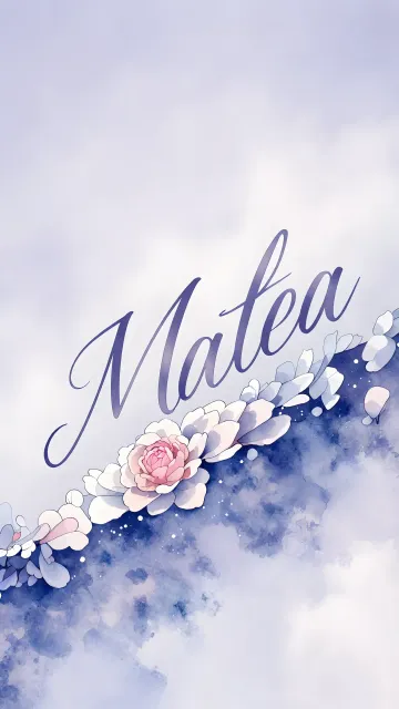 Matea diseño 5 - Nombre en elegante tipografía cursiva caligráfica en tono lavanda, sobre fondo acuarela de cielo nublado en tonos pastel (azul, blanco, lavanda), decorado con rosa en acuarela de pétalos rosa pálido, blanco crema y lilas suaves con hojas en gris-verde.