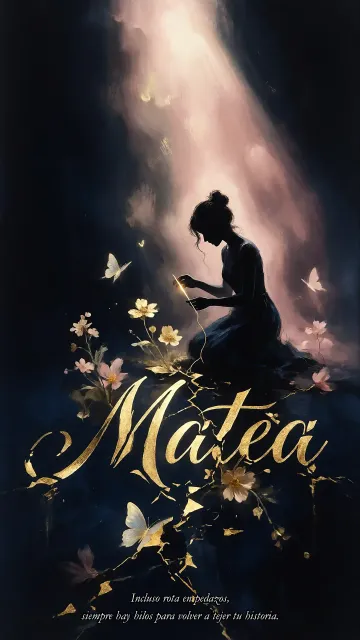 Matea diseño 6 - Composición de ilustración semirrealista cinematográfica con silueta femenina tejiendo un hilo dorado de luz sobre un suelo oscuro fracturado al estilo Kintsugi, donde el nombre resalta en un prominente guión caligráfico dorado que emerge de las grietas, rodeado de flores blancas, mariposas y un fondo degradado de azules profundos iluminado por una luz celestial en tonos melocotón y crema, con una frase de aliento en tipografía blanca en la parte inferior.