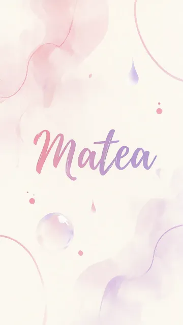 Matea diseño 7 - Diseño abstracto en acuarela sobre fondo crema, con manchas fluidas y etéreas en rosa pastel y lila, líneas curvas que aportan movimiento, pequeñas gotas salpicadas cayendo verticalmente y una burbuja translúcida en la parte superior izquierda. El nombre resalta al centro con una tipografía cursiva amplia y elegante en degradado rosa a morado.
