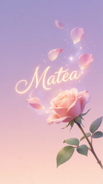 Matea diseño 8 - Fondo de Pantalla con degradado suave que transiciona de lila en la parte superior a melocotón y rosa pastel en la base, destacando una rosa rosada hiperrealista con tallo y hojas verdes. El nombre brilla en tipografía cursiva con efecto neón cálido, adornado con pétalos cayendo y chispas de luz mágica.