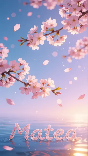 Matea diseño 9 - Composición serena y onírica con ramas de cerezo en flor (sakura) en la parte superior contra un cielo en degradado de azul suave y lila. Pétalos de color rosa pastel flotan delicadamente en el aire cayendo hacia una superficie de agua tranquila y cristalina. En el centro inferior, el nombre está formado por pétalos de flores con un sutil efecto de relieve 3D y tipografía floral, reflejándose sobre el agua que está iluminada por un cálido destello dorado de luz solar en la esquina inferior derecha.