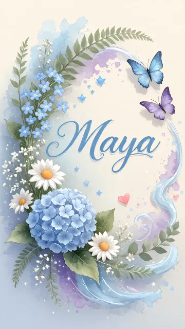 Maya diseño 1 - Hortensias azules, flores pequeñas y acuarela suave con mariposas azules y brillo etéreo