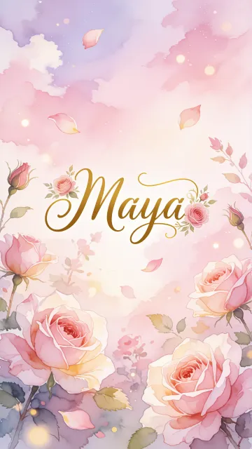 Maya diseño 10 - Diseño estilo acuarela con un fondo etéreo y texturizado en nubes de tonos rosa pastel y lila suave. Presenta composiciones de rosas abiertas y capullos en los bordes inferior y superior, con pétalos cayendo delicadamente. Incorpora destellos de luz cálida (efecto bokeh) y, en el centro, resalta una tipografía elegante, cursiva y fluida en color dorado.