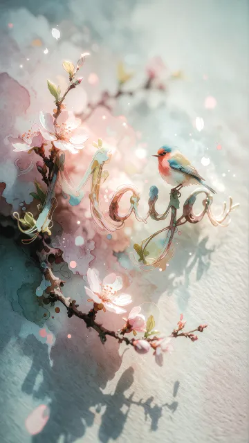 Maya diseño 11 - Un delicado diseño de estilo acuarela digital que combina una tipografía de caligrafía personalizada para el nombre en tonos dorados y rosados suaves, adornada con pequeñas hojas y brotes. Un pajarito azul y naranja vibrante está posado en una de las letras. Todo está rodeado por un marco circular de ramas de cerezo en flor con delicadas flores rosadas y blancas. El fondo es un lavado de acuarela difuminado en tonos pastel suaves de azul cerceta, rosa rubor y melocotón sobre una textura de papel rugoso, con destellos luminosos y motas de luz bokeh flotando alrededor, creando una atmósfera mágica y soñadora. Las sombras suaves proyectadas añaden profundidad.