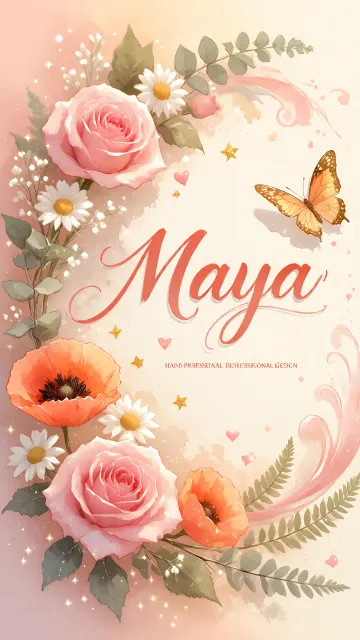 Maya diseño 3 - Elegante composición de rosas rosadas y amapolas naranjas con mariposas doradas brillantes sobre un fondo cálido, romántico y mágico.
