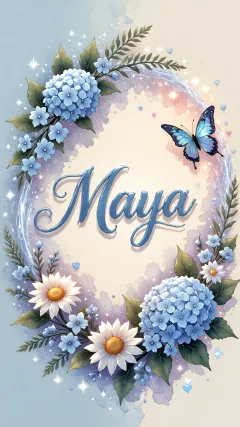 Maya - Composición magica con nombre en letra cursiva azul, rodeado de hortensias azules, margaritas blancas y delicadas flores silvestres, enmarcado por suaves remolinos de agua, mariposas azules y destellos estelares sobre un fondo etéreo y romántico.