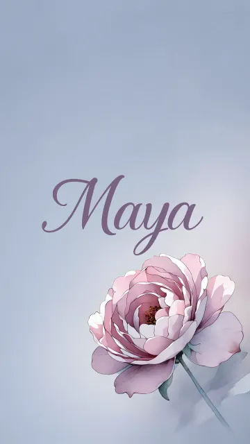 Maya diseño 5 - Nombre en elegante tipografía cursiva caligráfica en tono lavanda, sobre fondo acuarela de cielo nublado en tonos pastel (azul, blanco, lavanda), decorado con rosa en acuarela de pétalos rosa pálido, blanco crema y lilas suaves con hojas en gris-verde.