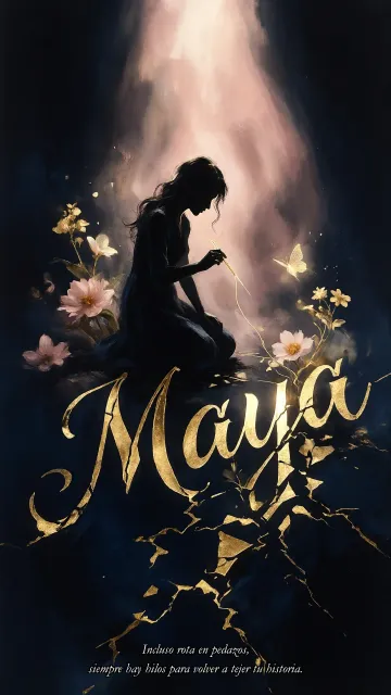 Maya diseño 6 - Composición de ilustración semirrealista cinematográfica con silueta femenina tejiendo un hilo dorado de luz sobre un suelo oscuro fracturado al estilo Kintsugi, donde el nombre resalta en un prominente guión caligráfico dorado que emerge de las grietas, rodeado de flores blancas, mariposas y un fondo degradado de azules profundos iluminado por una luz celestial en tonos melocotón y crema, con una frase de aliento en tipografía blanca en la parte inferior.