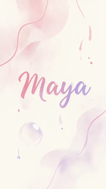 Maya diseño 7 - Diseño abstracto en acuarela sobre fondo crema, con manchas fluidas y etéreas en rosa pastel y lila, líneas curvas que aportan movimiento, pequeñas gotas salpicadas cayendo verticalmente y una burbuja translúcida en la parte superior izquierda. El nombre resalta al centro con una tipografía cursiva amplia y elegante en degradado rosa a morado.