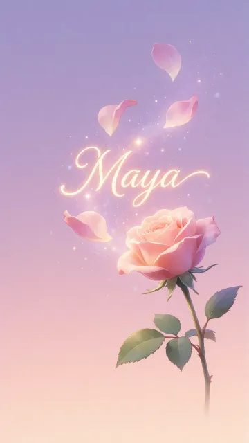 Maya diseño 8 - Fondo de Pantalla con degradado suave que transiciona de lila en la parte superior a melocotón y rosa pastel en la base, destacando una rosa rosada hiperrealista con tallo y hojas verdes. El nombre brilla en tipografía cursiva con efecto neón cálido, adornado con pétalos cayendo y chispas de luz mágica.