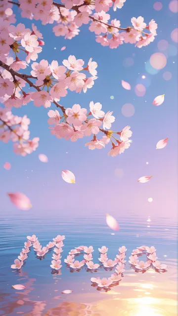 Maya diseño 9 - Composición serena y onírica con ramas de cerezo en flor (sakura) en la parte superior contra un cielo en degradado de azul suave y lila. Pétalos de color rosa pastel flotan delicadamente en el aire cayendo hacia una superficie de agua tranquila y cristalina. En el centro inferior, el nombre está formado por pétalos de flores con un sutil efecto de relieve 3D y tipografía floral, reflejándose sobre el agua que está iluminada por un cálido destello dorado de luz solar en la esquina inferior derecha.