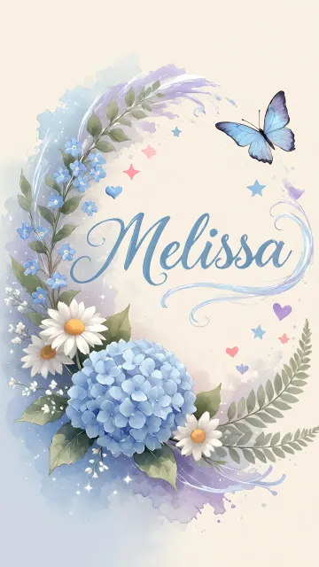 Melissa diseño 1 - Hortensias azules, flores pequeñas y acuarela suave con mariposas azules y brillo etéreo