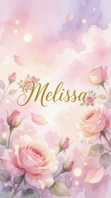 Melissa diseño 10 - Diseño estilo acuarela con un fondo etéreo y texturizado en nubes de tonos rosa pastel y lila suave. Presenta composiciones de rosas abiertas y capullos en los bordes inferior y superior, con pétalos cayendo delicadamente. Incorpora destellos de luz cálida (efecto bokeh) y, en el centro, resalta una tipografía elegante, cursiva y fluida en color dorado.
