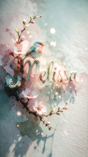 Melissa diseño 11 - Un delicado diseño de estilo acuarela digital que combina una tipografía de caligrafía personalizada para el nombre en tonos dorados y rosados suaves, adornada con pequeñas hojas y brotes. Un pajarito azul y naranja vibrante está posado en una de las letras. Todo está rodeado por un marco circular de ramas de cerezo en flor con delicadas flores rosadas y blancas. El fondo es un lavado de acuarela difuminado en tonos pastel suaves de azul cerceta, rosa rubor y melocotón sobre una textura de papel rugoso, con destellos luminosos y motas de luz bokeh flotando alrededor, creando una atmósfera mágica y soñadora. Las sombras suaves proyectadas añaden profundidad.