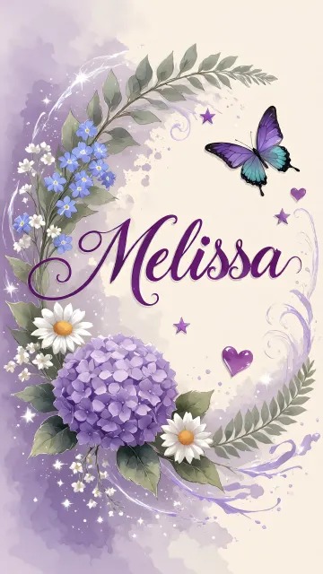 Melissa diseño 2 - Diseño elegante de hortensias en tonos lila y morados suaves, con volutas estilizadas y una mariposa mística que aporta un toque etéreo y mágico.