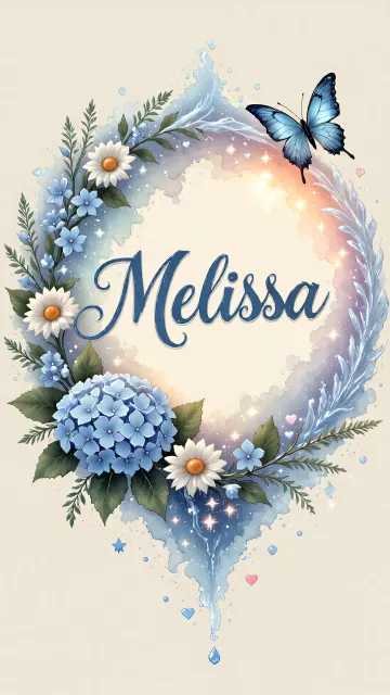 Melissa diseño 4 - Composición magica con nombre en letra cursiva azul, rodeado de hortensias azules, margaritas blancas y delicadas flores silvestres, enmarcado por suaves remolinos de agua, mariposas azules y destellos estelares sobre un fondo etéreo y romántico.