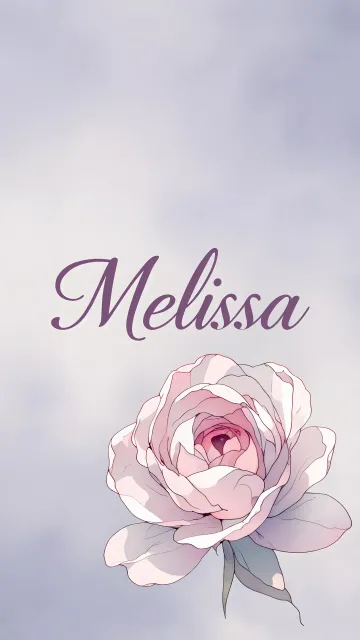 Melissa diseño 5 - Nombre en elegante tipografía cursiva caligráfica en tono lavanda, sobre fondo acuarela de cielo nublado en tonos pastel (azul, blanco, lavanda), decorado con rosa en acuarela de pétalos rosa pálido, blanco crema y lilas suaves con hojas en gris-verde.