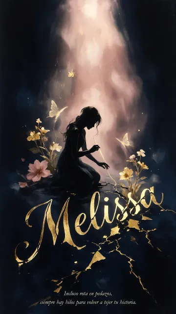 Melissa diseño 6 - Composición de ilustración semirrealista cinematográfica con silueta femenina tejiendo un hilo dorado de luz sobre un suelo oscuro fracturado al estilo Kintsugi, donde el nombre resalta en un prominente guión caligráfico dorado que emerge de las grietas, rodeado de flores blancas, mariposas y un fondo degradado de azules profundos iluminado por una luz celestial en tonos melocotón y crema, con una frase de aliento en tipografía blanca en la parte inferior.