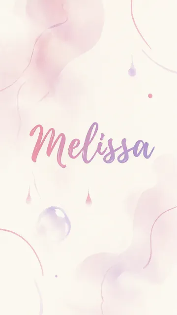 Melissa diseño 7 - Diseño abstracto en acuarela sobre fondo crema, con manchas fluidas y etéreas en rosa pastel y lila, líneas curvas que aportan movimiento, pequeñas gotas salpicadas cayendo verticalmente y una burbuja translúcida en la parte superior izquierda. El nombre resalta al centro con una tipografía cursiva amplia y elegante en degradado rosa a morado.