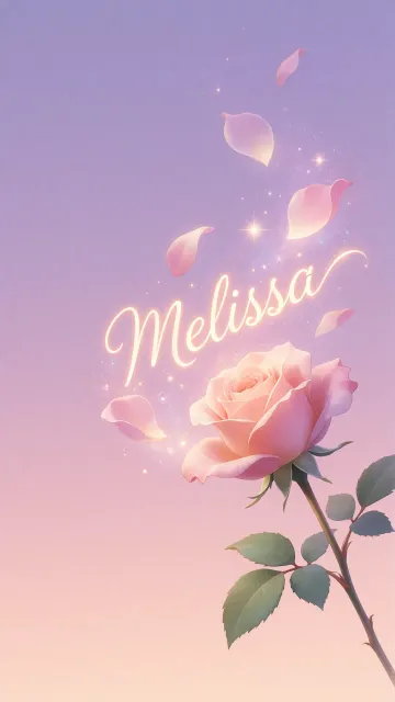 Melissa diseño 8 - Fondo de Pantalla con degradado suave que transiciona de lila en la parte superior a melocotón y rosa pastel en la base, destacando una rosa rosada hiperrealista con tallo y hojas verdes. El nombre brilla en tipografía cursiva con efecto neón cálido, adornado con pétalos cayendo y chispas de luz mágica.