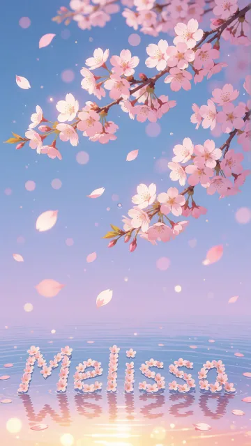 Melissa diseño 9 - Composición serena y onírica con ramas de cerezo en flor (sakura) en la parte superior contra un cielo en degradado de azul suave y lila. Pétalos de color rosa pastel flotan delicadamente en el aire cayendo hacia una superficie de agua tranquila y cristalina. En el centro inferior, el nombre está formado por pétalos de flores con un sutil efecto de relieve 3D y tipografía floral, reflejándose sobre el agua que está iluminada por un cálido destello dorado de luz solar en la esquina inferior derecha.