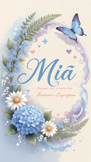 Mia diseño 1 - Hortensias azules, flores pequeñas y acuarela suave con mariposas azules y brillo etéreo