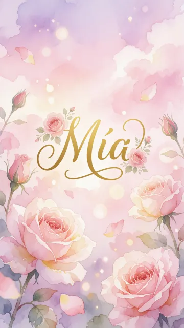 Mia diseño 10 - Diseño estilo acuarela con un fondo etéreo y texturizado en nubes de tonos rosa pastel y lila suave. Presenta composiciones de rosas abiertas y capullos en los bordes inferior y superior, con pétalos cayendo delicadamente. Incorpora destellos de luz cálida (efecto bokeh) y, en el centro, resalta una tipografía elegante, cursiva y fluida en color dorado.