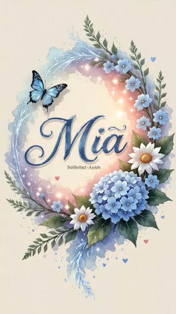 Mia diseño 4 - Composición magica con nombre en letra cursiva azul, rodeado de hortensias azules, margaritas blancas y delicadas flores silvestres, enmarcado por suaves remolinos de agua, mariposas azules y destellos estelares sobre un fondo etéreo y romántico.