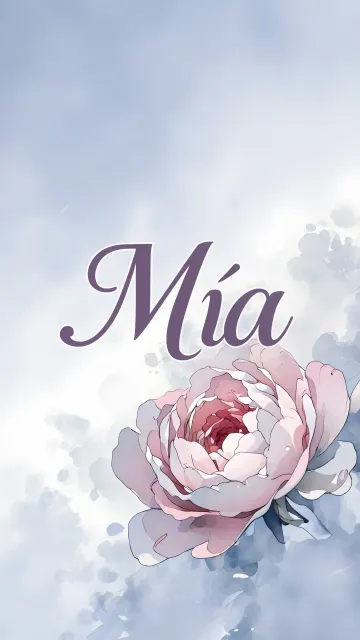 Mia diseño 5 - Nombre en elegante tipografía cursiva caligráfica en tono lavanda, sobre fondo acuarela de cielo nublado en tonos pastel (azul, blanco, lavanda), decorado con rosa en acuarela de pétalos rosa pálido, blanco crema y lilas suaves con hojas en gris-verde.