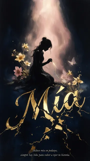 Mia diseño 6 - Composición de ilustración semirrealista cinematográfica con silueta femenina tejiendo un hilo dorado de luz sobre un suelo oscuro fracturado al estilo Kintsugi, donde el nombre resalta en un prominente guión caligráfico dorado que emerge de las grietas, rodeado de flores blancas, mariposas y un fondo degradado de azules profundos iluminado por una luz celestial en tonos melocotón y crema, con una frase de aliento en tipografía blanca en la parte inferior.