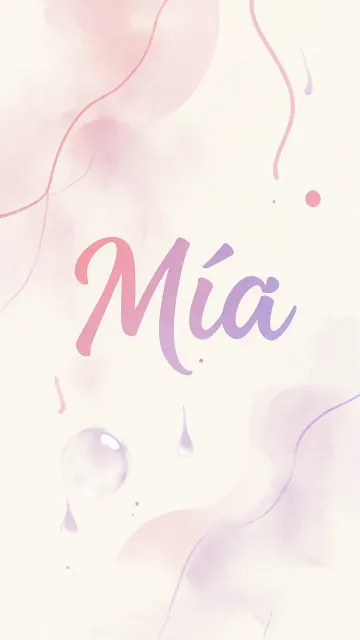 Mia diseño 7 - Diseño abstracto en acuarela sobre fondo crema, con manchas fluidas y etéreas en rosa pastel y lila, líneas curvas que aportan movimiento, pequeñas gotas salpicadas cayendo verticalmente y una burbuja translúcida en la parte superior izquierda. El nombre resalta al centro con una tipografía cursiva amplia y elegante en degradado rosa a morado.