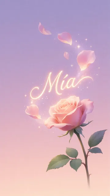Mia diseño 8 - Fondo de Pantalla con degradado suave que transiciona de lila en la parte superior a melocotón y rosa pastel en la base, destacando una rosa rosada hiperrealista con tallo y hojas verdes. El nombre brilla en tipografía cursiva con efecto neón cálido, adornado con pétalos cayendo y chispas de luz mágica.