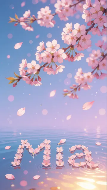 Mia diseño 9 - Composición serena y onírica con ramas de cerezo en flor (sakura) en la parte superior contra un cielo en degradado de azul suave y lila. Pétalos de color rosa pastel flotan delicadamente en el aire cayendo hacia una superficie de agua tranquila y cristalina. En el centro inferior, el nombre está formado por pétalos de flores con un sutil efecto de relieve 3D y tipografía floral, reflejándose sobre el agua que está iluminada por un cálido destello dorado de luz solar en la esquina inferior derecha.