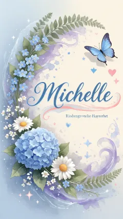 Michelle - Hortensias azules, flores pequeñas y acuarela suave con mariposas azules y brillo etéreo