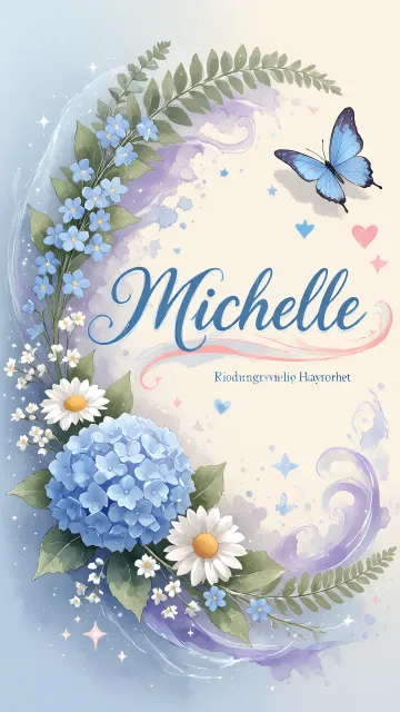 Michelle diseño 1 - Hortensias azules, flores pequeñas y acuarela suave con mariposas azules y brillo etéreo