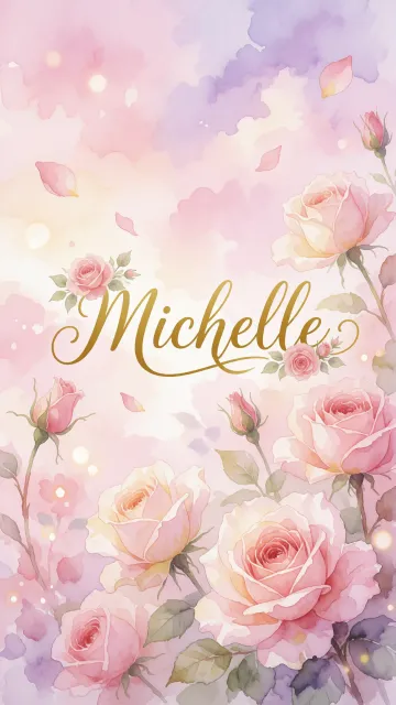 Michelle diseño 10 - Diseño estilo acuarela con un fondo etéreo y texturizado en nubes de tonos rosa pastel y lila suave. Presenta composiciones de rosas abiertas y capullos en los bordes inferior y superior, con pétalos cayendo delicadamente. Incorpora destellos de luz cálida (efecto bokeh) y, en el centro, resalta una tipografía elegante, cursiva y fluida en color dorado.