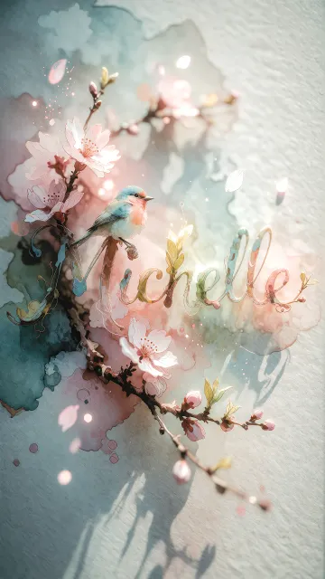 Michelle diseño 11 - Un delicado diseño de estilo acuarela digital que combina una tipografía de caligrafía personalizada para el nombre en tonos dorados y rosados suaves, adornada con pequeñas hojas y brotes. Un pajarito azul y naranja vibrante está posado en una de las letras. Todo está rodeado por un marco circular de ramas de cerezo en flor con delicadas flores rosadas y blancas. El fondo es un lavado de acuarela difuminado en tonos pastel suaves de azul cerceta, rosa rubor y melocotón sobre una textura de papel rugoso, con destellos luminosos y motas de luz bokeh flotando alrededor, creando una atmósfera mágica y soñadora. Las sombras suaves proyectadas añaden profundidad.