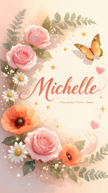 Michelle diseño 3 - Elegante composición de rosas rosadas y amapolas naranjas con mariposas doradas brillantes sobre un fondo cálido, romántico y mágico.