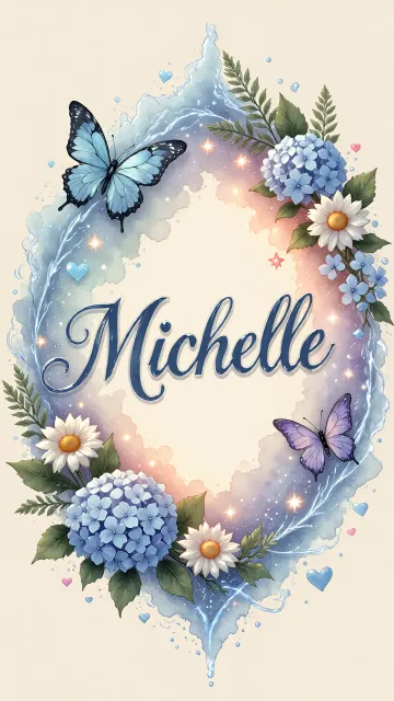 Michelle diseño 4 - Composición magica con nombre en letra cursiva azul, rodeado de hortensias azules, margaritas blancas y delicadas flores silvestres, enmarcado por suaves remolinos de agua, mariposas azules y destellos estelares sobre un fondo etéreo y romántico.