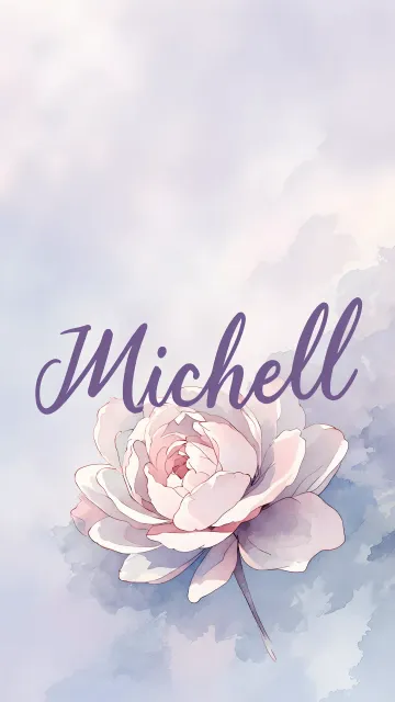 Michelle diseño 5 - Nombre en elegante tipografía cursiva caligráfica en tono lavanda, sobre fondo acuarela de cielo nublado en tonos pastel (azul, blanco, lavanda), decorado con rosa en acuarela de pétalos rosa pálido, blanco crema y lilas suaves con hojas en gris-verde.