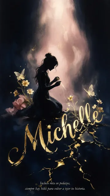 Michelle diseño 6 - Composición de ilustración semirrealista cinematográfica con silueta femenina tejiendo un hilo dorado de luz sobre un suelo oscuro fracturado al estilo Kintsugi, donde el nombre resalta en un prominente guión caligráfico dorado que emerge de las grietas, rodeado de flores blancas, mariposas y un fondo degradado de azules profundos iluminado por una luz celestial en tonos melocotón y crema, con una frase de aliento en tipografía blanca en la parte inferior.
