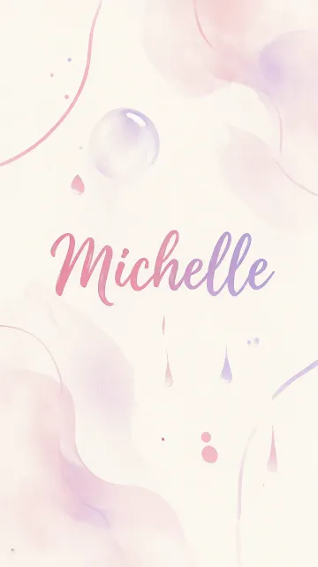 Michelle diseño 7 - Diseño abstracto en acuarela sobre fondo crema, con manchas fluidas y etéreas en rosa pastel y lila, líneas curvas que aportan movimiento, pequeñas gotas salpicadas cayendo verticalmente y una burbuja translúcida en la parte superior izquierda. El nombre resalta al centro con una tipografía cursiva amplia y elegante en degradado rosa a morado.