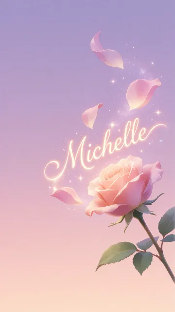 Michelle diseño 8 - Fondo de Pantalla con degradado suave que transiciona de lila en la parte superior a melocotón y rosa pastel en la base, destacando una rosa rosada hiperrealista con tallo y hojas verdes. El nombre brilla en tipografía cursiva con efecto neón cálido, adornado con pétalos cayendo y chispas de luz mágica.