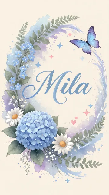 Mila diseño 1 - Hortensias azules, flores pequeñas y acuarela suave con mariposas azules y brillo etéreo
