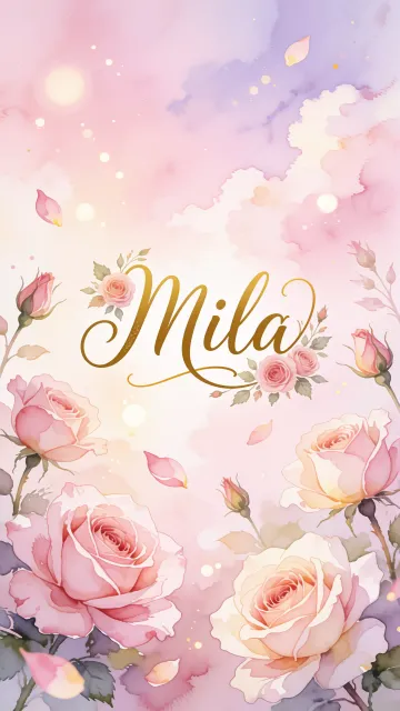 Mila diseño 10 - Diseño estilo acuarela con un fondo etéreo y texturizado en nubes de tonos rosa pastel y lila suave. Presenta composiciones de rosas abiertas y capullos en los bordes inferior y superior, con pétalos cayendo delicadamente. Incorpora destellos de luz cálida (efecto bokeh) y, en el centro, resalta una tipografía elegante, cursiva y fluida en color dorado.